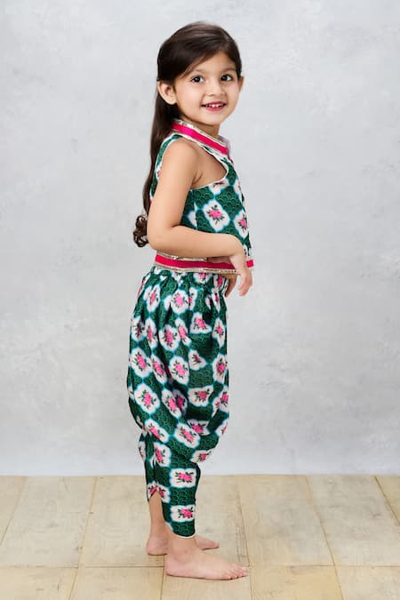 Shop_Pinkcow designs pvt ltd_Green Cotton Gota Patti Floral Print Top With Dhoti Pant _Online_at_Aza_Fashions