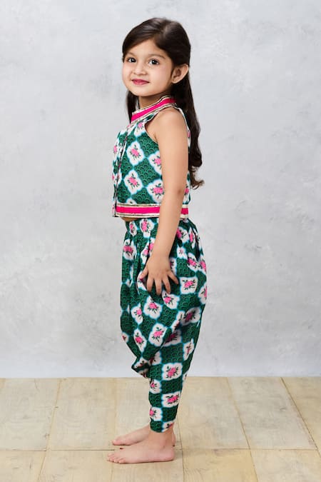 Pinkcow designs pvt ltd_Green Cotton Gota Patti Floral Print Top With Dhoti Pant _at_Aza_Fashions