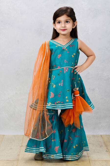 Buy Pinkcow designs pvt ltd Green Cotton, Chiffon Gota Patti Floral Print Kurta And Sharara Set Online at Aza Fashions Buy_Pinkcow designs pvt ltd_Green Cotton, Chiffon Gota Patti Floral Print Kurta And Sharara Set _Online_at_Aza_Fashions