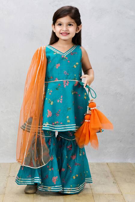 Shop Pinkcow designs pvt ltd Green Cotton, Chiffon Gota Patti Floral Print Kurta And Sharara Set Online at Aza Fashions Shop_Pinkcow designs pvt ltd_Green Cotton, Chiffon Gota Patti Floral Print Kurta And Sharara Set _Online_at_Aza_Fashions