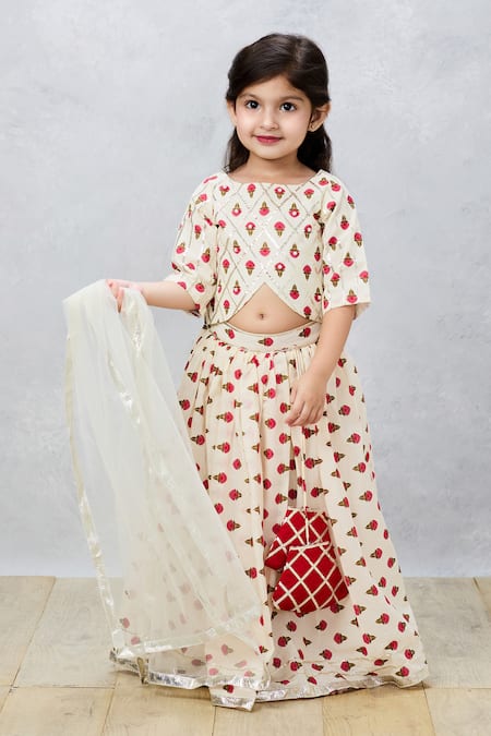 Pinkcow designs pvt ltd Cream Cotton Print Floral Block Choli And Lehenga Set 