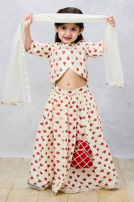 Buy_Pinkcow designs pvt ltd_Cream Cotton, Tulle Embroidery, Gota Floral Block Print Choli And Lehenga Set _Online_at_Aza_Fashions