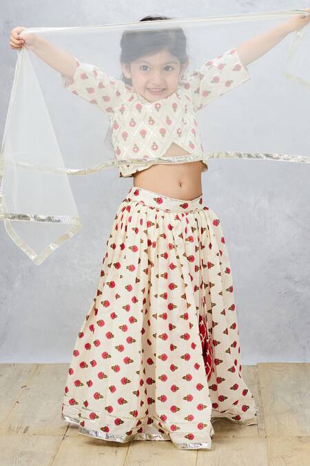 Shop_Pinkcow designs pvt ltd_Cream Cotton, Tulle Embroidery, Gota Floral Block Print Choli And Lehenga Set _Online_at_Aza_Fashions