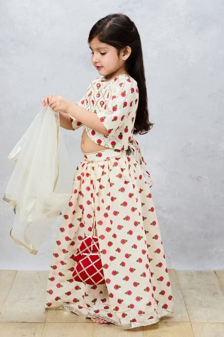 Buy_Pinkcow designs pvt ltd_Cream Cotton, Tulle Embroidery, Gota Floral Block Print Choli And Lehenga Set 