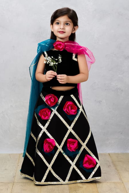 Buy_Pinkcow designs pvt ltd_Black Tulle Gota Patti, Embroidery Midnight Elegance Choli And Ghagra Set _Online_at_Aza_Fashions