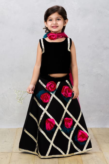 Shop_Pinkcow designs pvt ltd_Black Tulle Gota Patti, Embroidery Midnight Elegance Choli And Ghagra Set _Online_at_Aza_Fashions