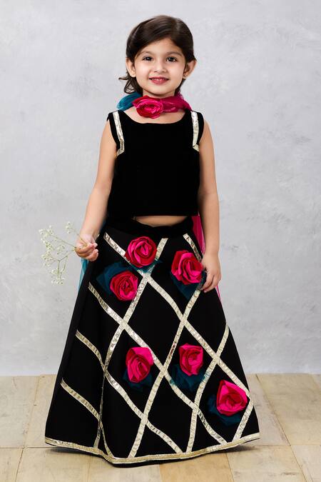 Pinkcow designs pvt ltd_Black Tulle Gota Patti, Embroidery Midnight Elegance Choli And Ghagra Set _at_Aza_Fashions