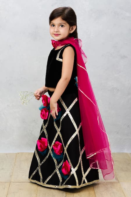 Buy_Pinkcow designs pvt ltd_Black Tulle Gota Patti, Embroidery Midnight Elegance Choli And Ghagra Set 