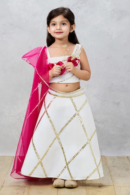 Pinkcow designs pvt ltd_Cream Tulle Gota Patti, Embroidery Etheral Elegance Choli With Lehenga _Online_at_Aza_Fashions