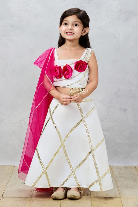 Buy_Pinkcow designs pvt ltd_Cream Tulle Gota Patti, Embroidery Etheral Elegance Choli With Lehenga _Online_at_Aza_Fashions