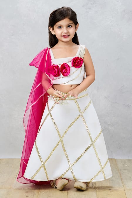 Shop_Pinkcow designs pvt ltd_Cream Tulle Gota Patti, Embroidery Etheral Elegance Choli With Lehenga _Online_at_Aza_Fashions