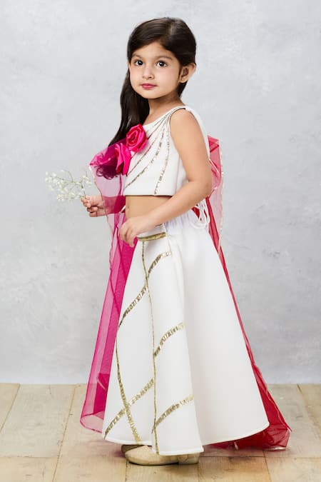 Buy_Pinkcow designs pvt ltd_Cream Tulle Gota Patti, Embroidery Etheral Elegance Choli With Lehenga 