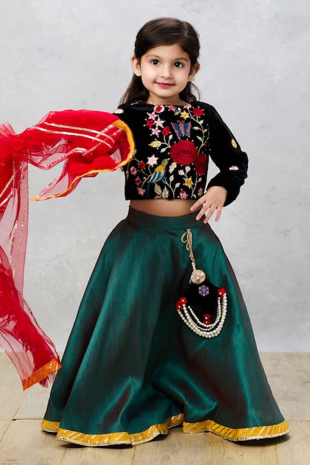 Shop Pinkcow designs pvt ltd Black Velvet, Silk, Chiffon Embroidery Floral Choli And Lehenga Set Online at Aza Fashions Shop_Pinkcow designs pvt ltd_Black Velvet, Silk, Chiffon Embroidery Floral Choli And Lehenga Set _Online_at_Aza_Fashions