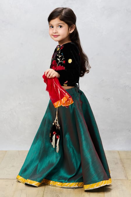 Buy Pinkcow designs pvt ltd Black Velvet, Silk, Chiffon Embroidery Floral Choli And Lehenga Set Buy_Pinkcow designs pvt ltd_Black Velvet, Silk, Chiffon Embroidery Floral Choli And Lehenga Set