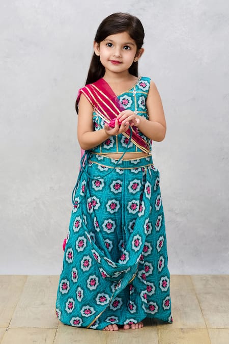 Pinkcow designs pvt ltd Blue Cotton Print Floral Choli With Lehenga 