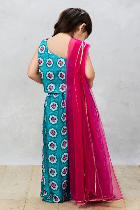 Shop Pinkcow designs pvt ltd Blue Cotton Pearls, Embroidery Floral Print Choli With Lehenga at Aza Fashions Shop_Pinkcow designs pvt ltd_Blue Cotton Pearls, Embroidery Floral Print Choli With Lehenga _at_Aza_Fashions