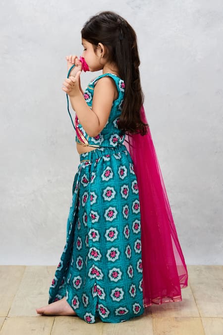 Buy Pinkcow designs pvt ltd Blue Cotton Pearls, Embroidery Floral Print Choli With Lehenga Online at Aza Fashions Buy_Pinkcow designs pvt ltd_Blue Cotton Pearls, Embroidery Floral Print Choli With Lehenga _Online_at_Aza_Fashions