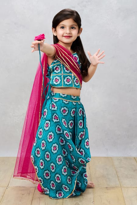 Shop Pinkcow designs pvt ltd Blue Cotton Pearls, Embroidery Floral Print Choli With Lehenga Online at Aza Fashions Shop_Pinkcow designs pvt ltd_Blue Cotton Pearls, Embroidery Floral Print Choli With Lehenga _Online_at_Aza_Fashions