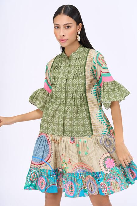 Buy_Siddhartha Bansal_Green Cotton Poplin Printed Geometric Mandarin Collar Summer Time Dress _Online_at_Aza_Fashions