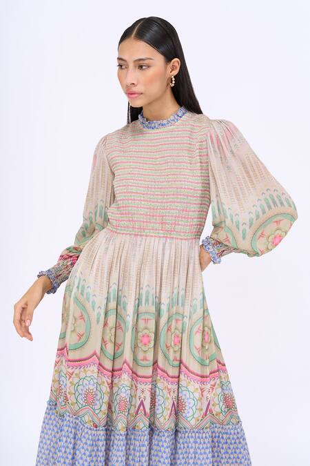 Siddhartha Bansal_Multi Color Crepe, Cotton Round Neck Free Fallin Samsara Engineered Print Dress _Online_at_Aza_Fashions