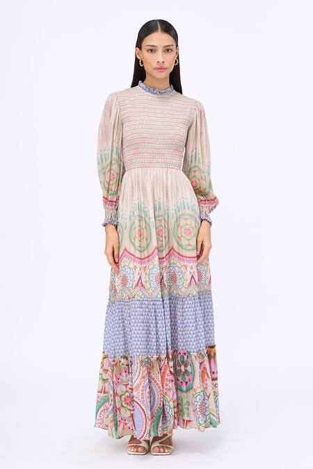 Buy_Siddhartha Bansal_Multi Color Crepe, Cotton Round Neck Free Fallin Samsara Engineered Print Dress _Online_at_Aza_Fashions