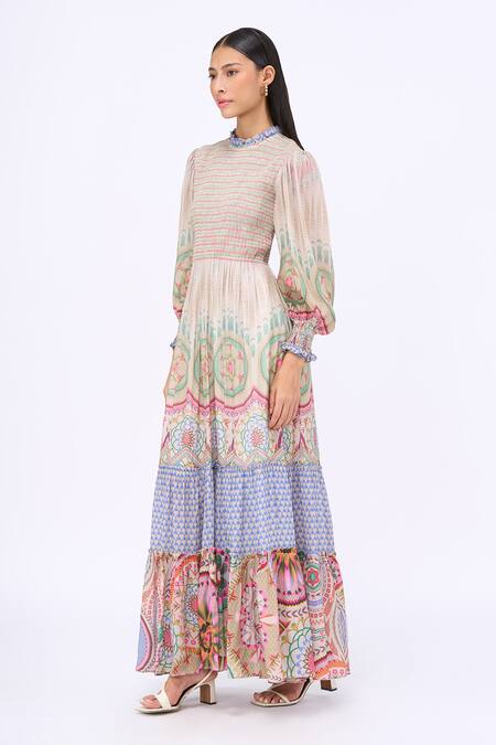 Shop_Siddhartha Bansal_Multi Color Crepe, Cotton Round Neck Free Fallin Samsara Engineered Print Dress _Online_at_Aza_Fashions