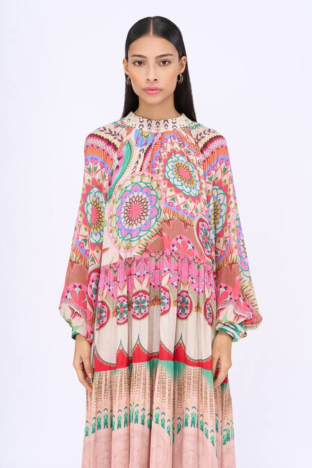 Buy_Siddhartha Bansal_Pink Crepe Printed Samsara Engineered Round High Neck Maybelline Dress _Online_at_Aza_Fashions