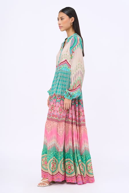 Siddhartha Bansal Multi Color Crepe, Cotton Mandarin Elan Geometric Print Tiered Shirt Dress Online at Aza Fashions Siddhartha Bansal_Multi Color Crepe, Cotton Mandarin Elan Geometric Print Tiered Shirt Dress _Online_at_Aza_Fashions