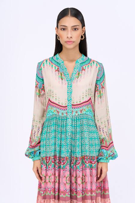 Buy Siddhartha Bansal Multi Color Crepe, Cotton Mandarin Elan Geometric Print Tiered Shirt Dress Online at Aza Fashions Buy_Siddhartha Bansal_Multi Color Crepe, Cotton Mandarin Elan Geometric Print Tiered Shirt Dress _Online_at_Aza_Fashions