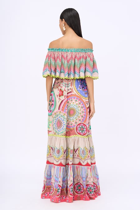 Shop_Siddhartha Bansal_Multi Color Crepe Printed Samsara Engineered Straight Neck Lotus Dress _at_Aza_Fashions