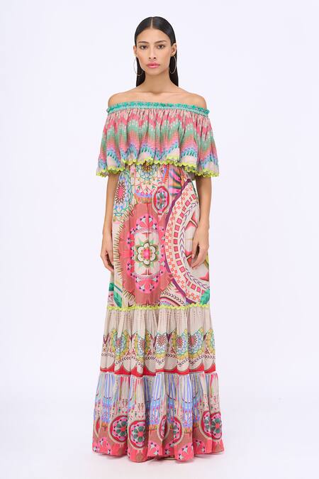 Siddhartha Bansal_Multi Color Crepe Printed Samsara Engineered Straight Neck Lotus Dress _Online_at_Aza_Fashions