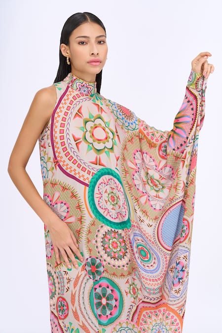 Siddhartha Bansal_Multi Color Crepe Printed Floral Round High Neck Stayin Alive Dress _at_Aza_Fashions