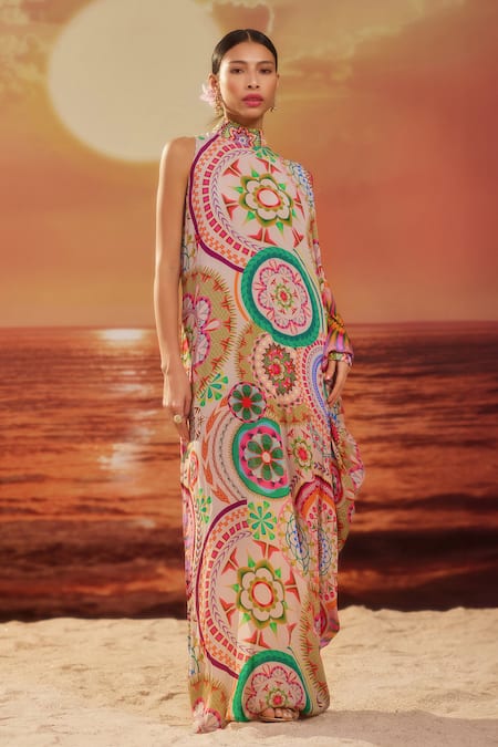 Buy_Siddhartha Bansal_Multi Color Crepe Printed Floral Round High Neck Stayin Alive Dress 