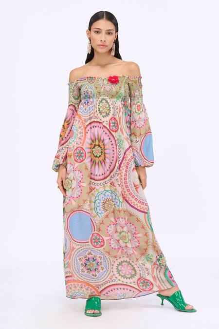 Shop_Siddhartha Bansal_Multi Color Crepe Printed Florette Straight Hold Me Back Off Shoulder Dress _Online_at_Aza_Fashions