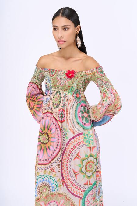Siddhartha Bansal_Multi Color Crepe Printed Florette Straight Hold Me Back Off Shoulder Dress _at_Aza_Fashions