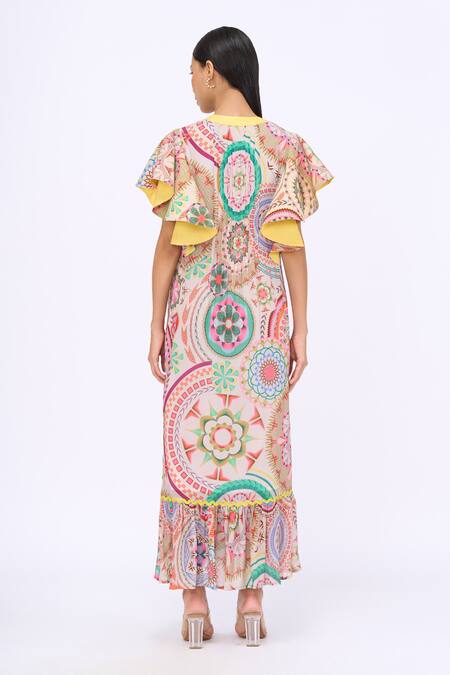 Shop_Siddhartha Bansal_Multi Color Cotton Poplin Printed Samsara Mandarin Collar Love Midi Dress _at_Aza_Fashions