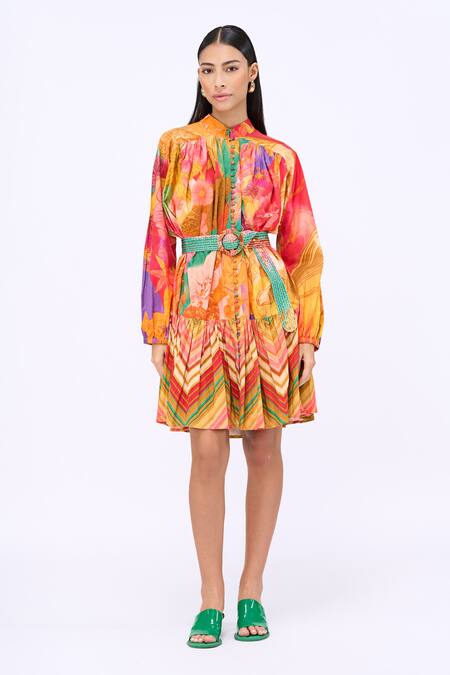 Siddhartha Bansal_Multi Color Cotton Poplin Printed Bed Of Roses Mandarin Collar Dress With Belt _Online_at_Aza_Fashions