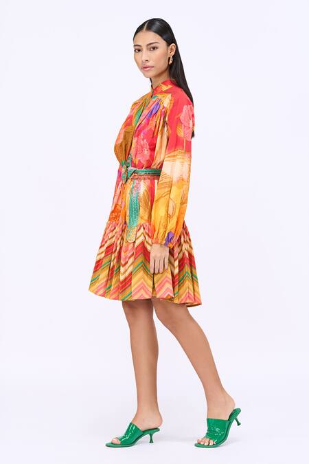 Buy_Siddhartha Bansal_Multi Color Cotton Poplin Printed Bed Of Roses Mandarin Collar Dress With Belt _Online_at_Aza_Fashions