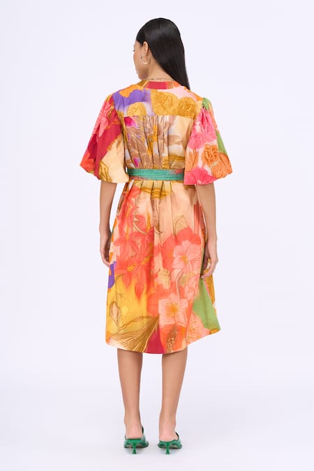 Shop_Siddhartha Bansal_Multi Color Cotton Poplin Printed Engineered Escape Shirt Dress With Belt _at_Aza_Fashions