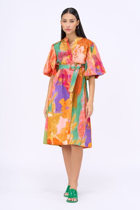 Siddhartha Bansal_Multi Color Cotton Poplin Printed Engineered Escape Shirt Dress With Belt _Online_at_Aza_Fashions