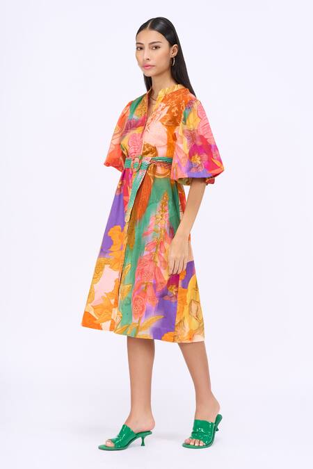 Buy_Siddhartha Bansal_Multi Color Cotton Poplin Printed Engineered Escape Shirt Dress With Belt _Online_at_Aza_Fashions
