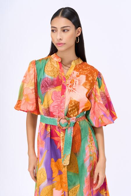 Shop_Siddhartha Bansal_Multi Color Cotton Poplin Printed Engineered Escape Shirt Dress With Belt _Online_at_Aza_Fashions