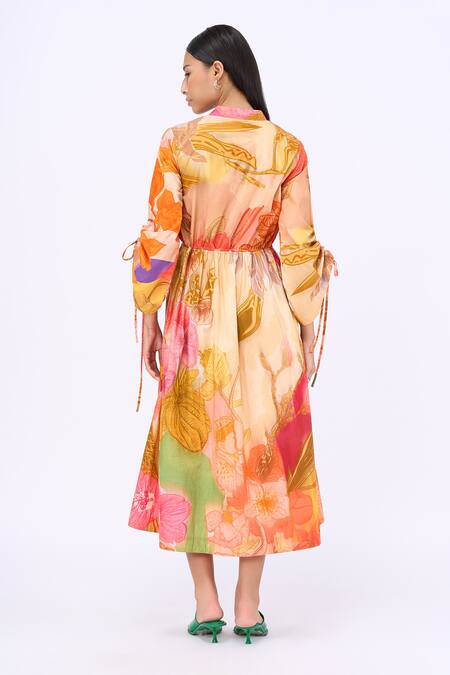 Shop_Siddhartha Bansal_Multi Color Cotton Poplin Printed Day Bloom Mandarin Collar Shirt Dress _at_Aza_Fashions