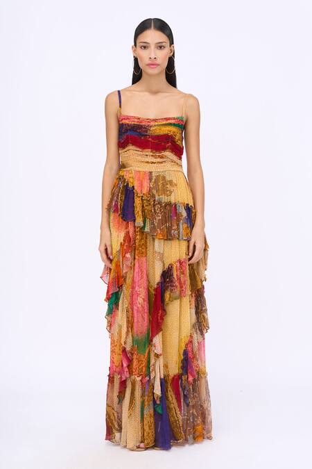 Siddhartha Bansal_Multi Color Chiffon, Cotton Ruffles Square Neck Paradise Honeycomb Print Dress _Online_at_Aza_Fashions