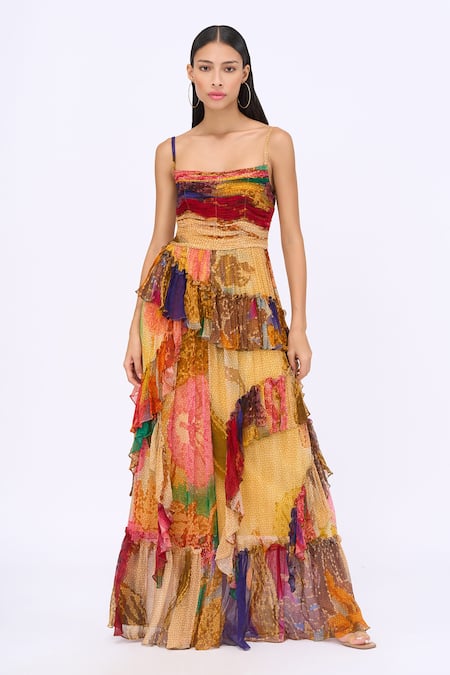 Buy_Siddhartha Bansal_Multi Color Chiffon, Cotton Ruffles Square Neck Paradise Honeycomb Print Dress _Online_at_Aza_Fashions