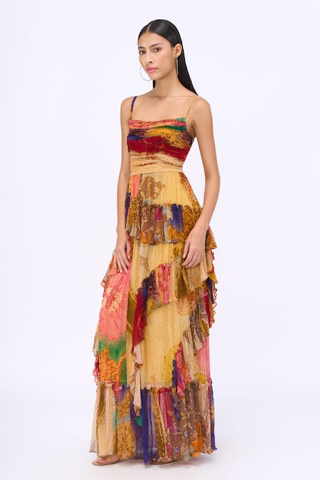 Siddhartha Bansal_Multi Color Chiffon, Cotton Ruffles Square Neck Paradise Honeycomb Print Dress _at_Aza_Fashions