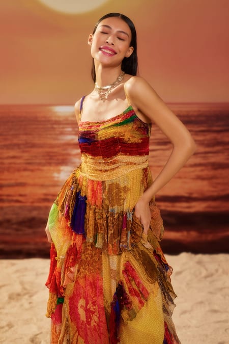 Buy_Siddhartha Bansal_Multi Color Chiffon, Cotton Ruffles Square Neck Paradise Honeycomb Print Dress 