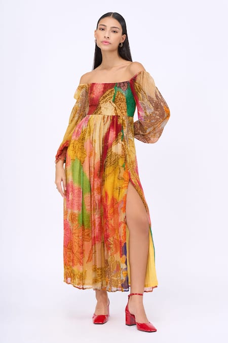 Siddhartha Bansal Chiffon Honeycomb Print Dress 