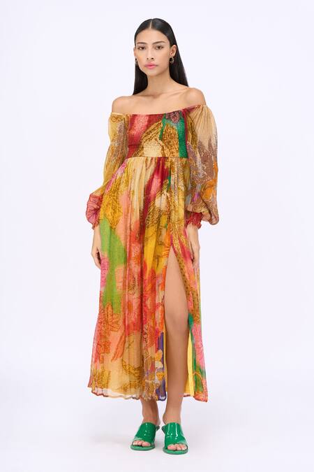 Siddhartha Bansal_Multi Color Chiffon Printed Honeycomb Straight Neck Dress _Online_at_Aza_Fashions