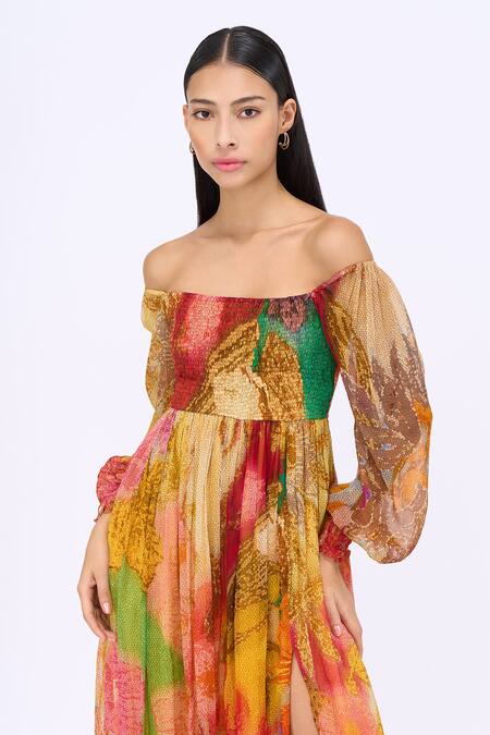 Siddhartha Bansal_Multi Color Chiffon Printed Honeycomb Straight Neck Dress _at_Aza_Fashions